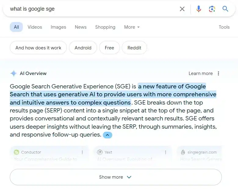 SGE results for the search “What is Google SGE”