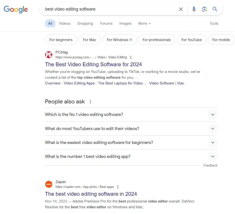 Standard Google results for the search. Best Video Editing Software